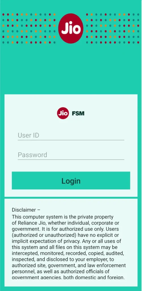 Jio fsm app login page screenshot 